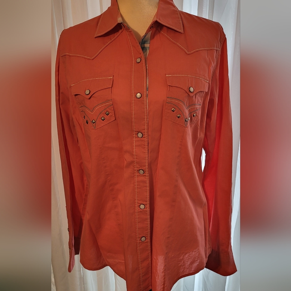 Cruel light orange western pearl snap button shirt size Large